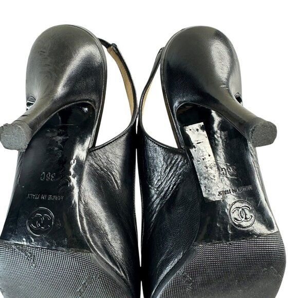 Chanel Shoes Slingback Heel Pumps Size 36/5.5 Black Leather Slip-On Pointed Toe - Picture 12 of 16